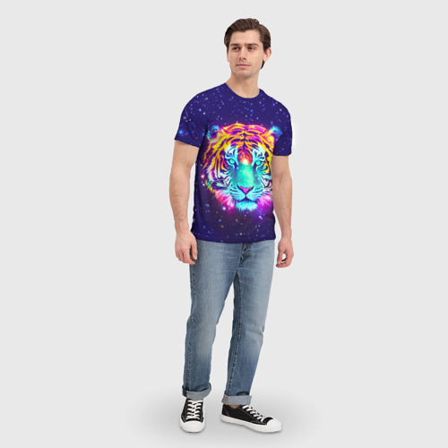 Мужская футболка 3D с принтом Светящаяся голова тигра и звезды, вид сбоку #3