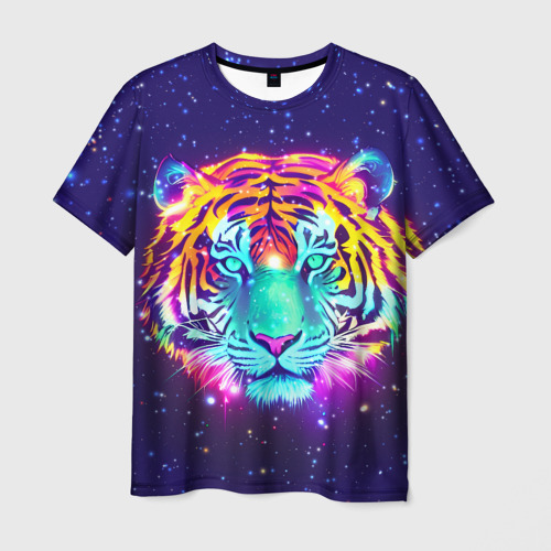 Мужская футболка 3D с принтом Светящаяся голова тигра и звезды, вид спереди #2