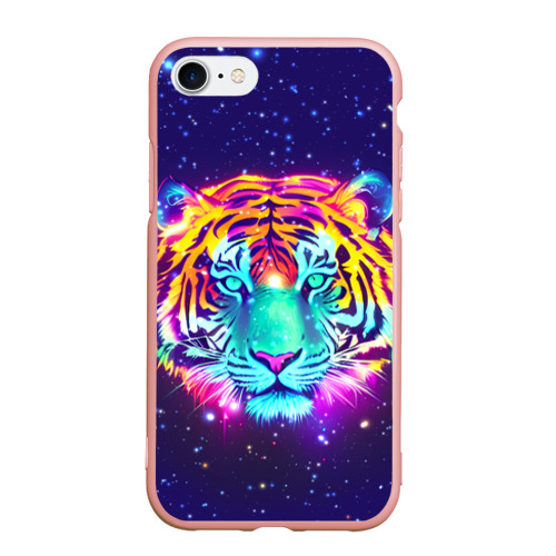 Чехол для iPhone 7/8 матовый с принтом Светящаяся голова тигра и звезды, вид спереди #2