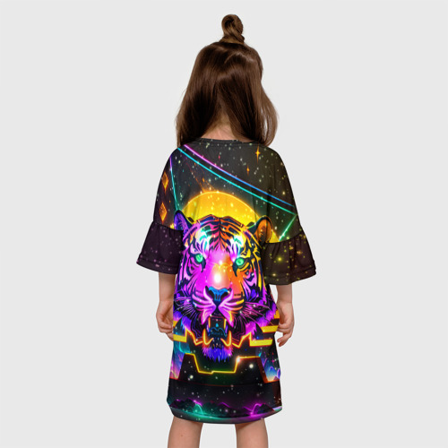 Детское платье 3D с принтом Неоновая светящаяся голова тигра и звезды, вид сзади #2