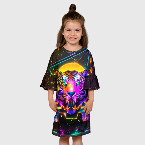Детское платье 3D с принтом Неоновая светящаяся голова тигра и звезды, вид сбоку #3