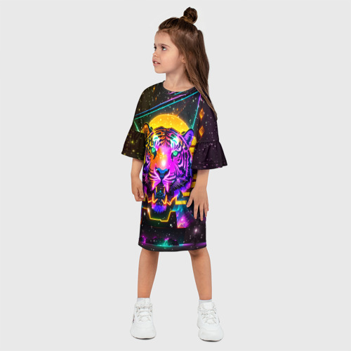 Детское платье 3D с принтом Неоновая светящаяся голова тигра и звезды, фото на моделе #1