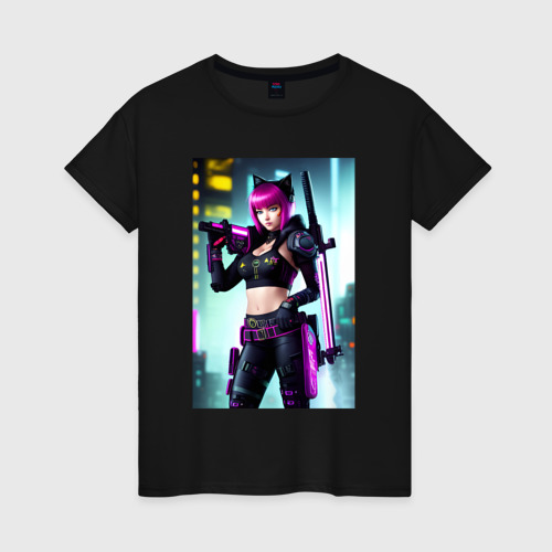 Женская футболка хлопок с принтом Девчонка-кошка - кибер-самурай, вид спереди #2
