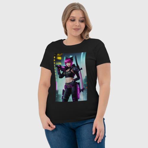 Женская футболка хлопок с принтом Девчонка-кошка - кибер-самурай, фото #4
