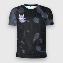 Мужская футболка 3D Slim Серый котик и холодное оружие