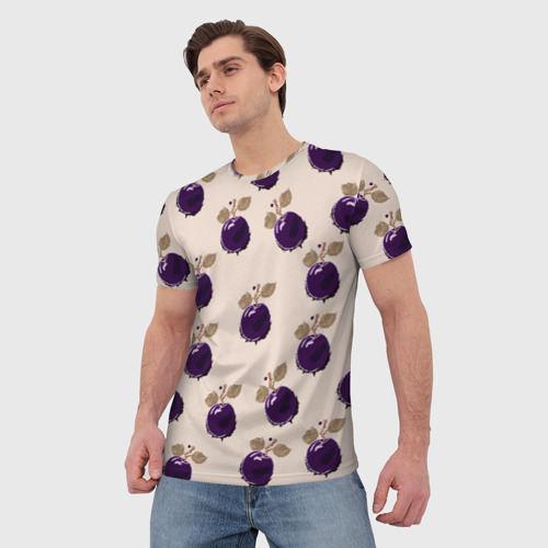 Мужская футболка 3D с принтом Слива с листьями - пиксель арт, фото на моделе #1