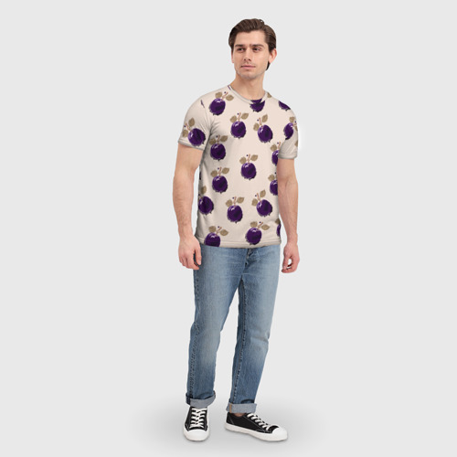 Мужская футболка 3D с принтом Слива с листьями - пиксель арт, вид сбоку #3