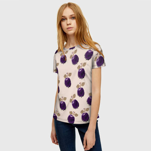 Женская футболка 3D с принтом Слива с листьями - пиксель арт, фото на моделе #1