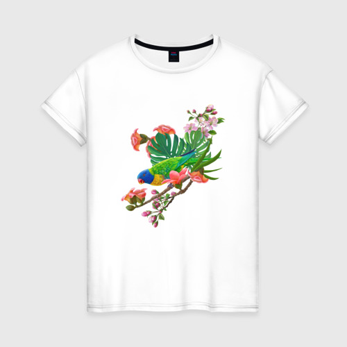 Женская футболка из хлопка с принтом Попугай кокосовый лорикет, вид спереди №1