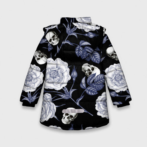 Зимняя куртка для девочек 3D с принтом Черепа с розами, вид сзади #1