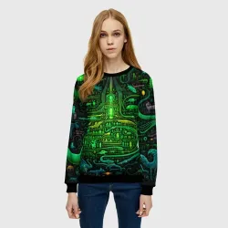 Женский свитшот 3D Психоделика в зеленом - нейронная сеть - фото 2