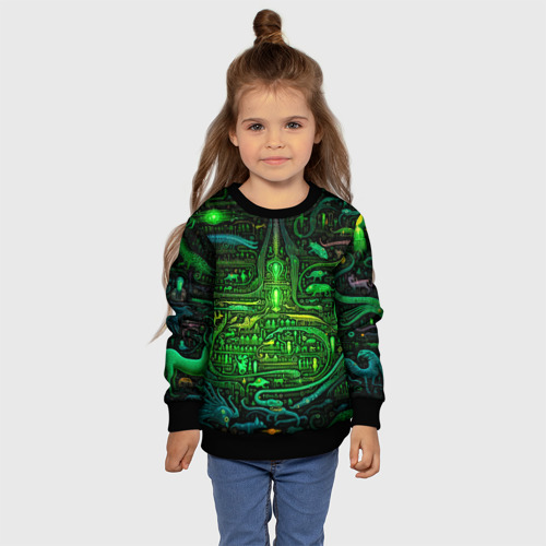 Детский свитшот 3D с принтом Психоделика в зеленом -  нейронная сеть, фото #4