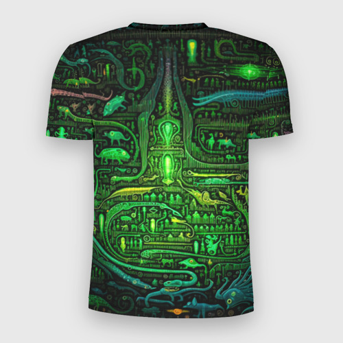 Мужская футболка 3D Slim с принтом Психоделика в зеленом -  нейронная сеть, вид сзади #1