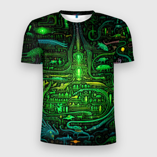 Мужская футболка 3D Slim с принтом Психоделика в зеленом -  нейронная сеть, вид спереди #2