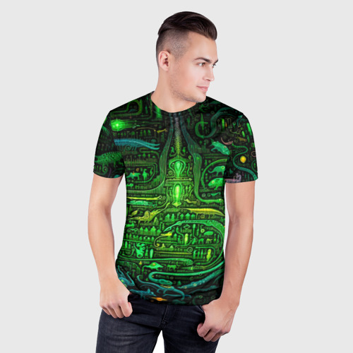 Мужская футболка 3D Slim с принтом Психоделика в зеленом -  нейронная сеть, фото на моделе #1