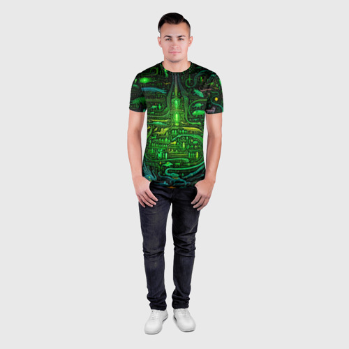 Мужская футболка 3D Slim с принтом Психоделика в зеленом -  нейронная сеть, вид сбоку #3