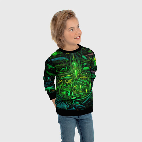 Детский свитшот 3D с принтом Психоделика в зеленом -  нейронная сеть, вид сбоку #3