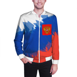 Бомбер с принтом Я патриот России для мужчины, вид на модели спереди №2. Цвет основы: белый