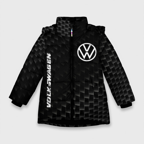 Зимняя куртка для девочек 3D с принтом Volkswagen карбоновый фон, вид спереди #2