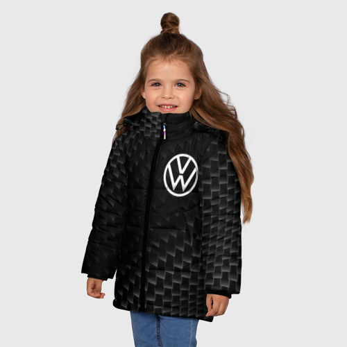 Зимняя куртка для девочек 3D с принтом Volkswagen карбоновый фон, фото на моделе #1