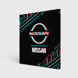 Холст квадратный Значок Nissan в стиле glitch на темном фоне