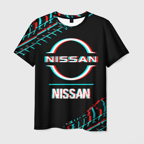 Мужская футболка 3D Значок Nissan в стиле glitch на темном фоне, цвет 3D печать
