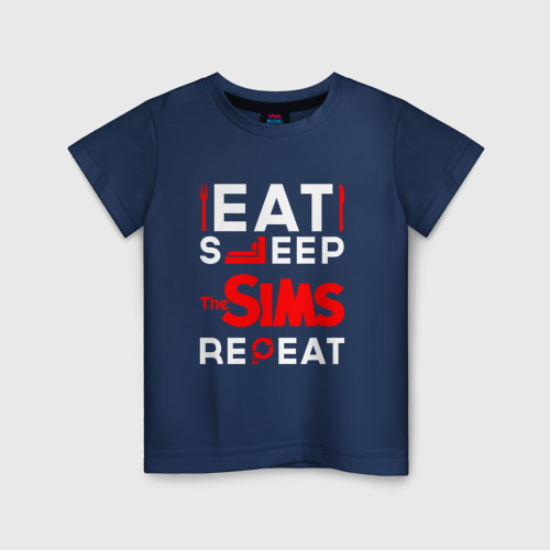 Детская футболка из хлопка с принтом Надпись eat sleep The Sims repeat, вид спереди №1