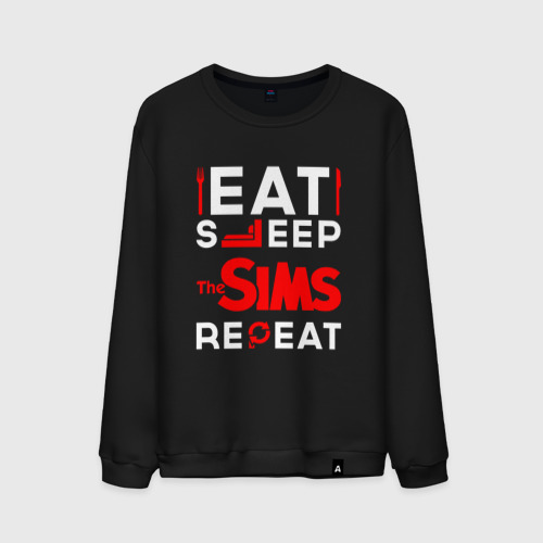 Мужской свитшот хлопок Надпись eat sleep The Sims repeat, цвет черный