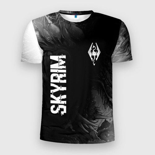 Мужская футболка 3D Slim с принтом Skyrim glitch на темном фоне: надпись, символ, вид спереди #2