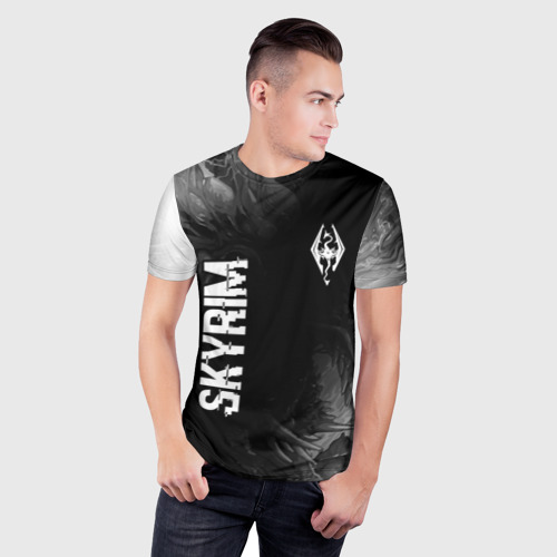Мужская футболка 3D Slim с принтом Skyrim glitch на темном фоне: надпись, символ, фото на моделе #1