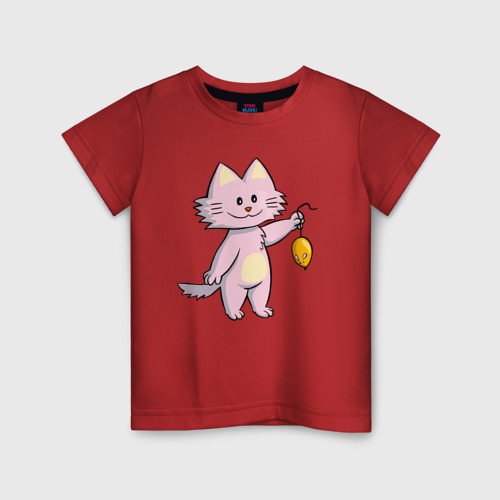 Детская футболка хлопок с принтом Котик поймал мышку, вид спереди #2