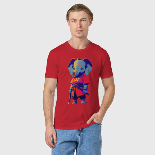 Мужская футболка хлопок с принтом Слонёнок самурай - нейросеть, фото на моделе #1