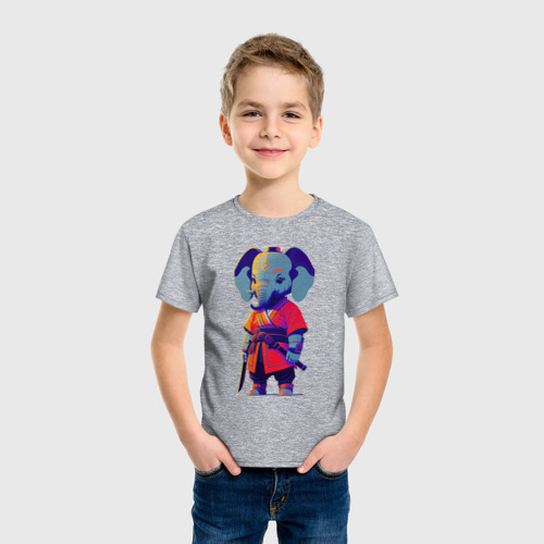 Детская футболка хлопок Слонёнок самурай - нейросеть, цвет меланж - фото 3