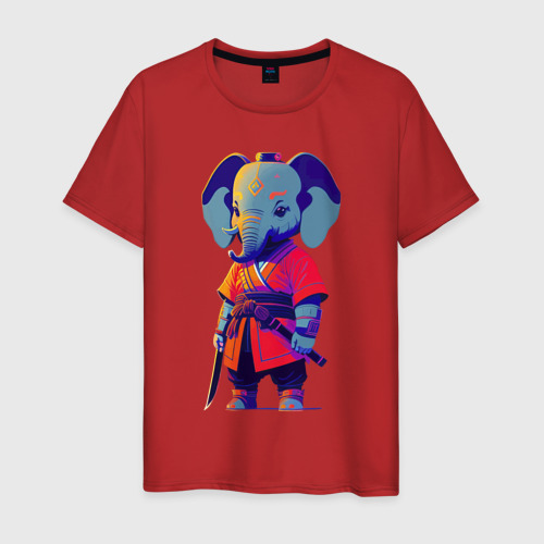 Мужская футболка хлопок с принтом Слонёнок самурай - нейросеть, вид спереди #2