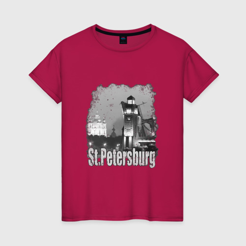 Женская футболка хлопок Санкт-Петербург черно-белый, цвет маджента