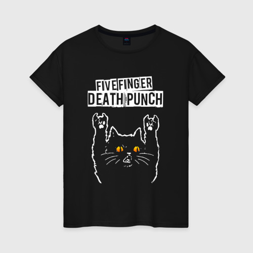 Женская футболка хлопок Five Finger Death Punch rock cat, цвет черный