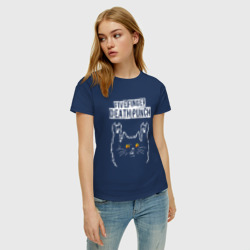 Футболка с принтом Five Finger Death Punch rock cat для женщины, вид на модели спереди №2. Цвет основы: темно-синий