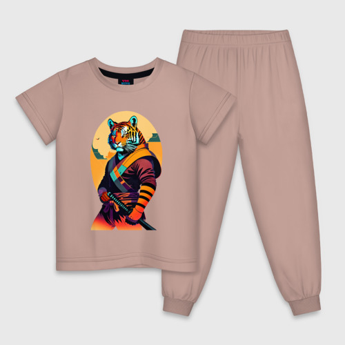Детская пижама хлопок с принтом Tiger samurai - neural network, вид спереди #2