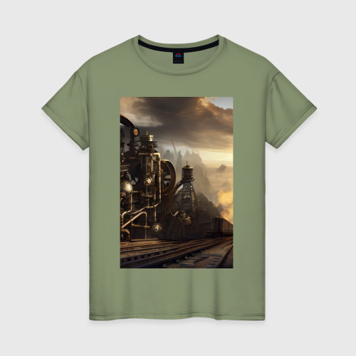 Женская футболка хлопок с принтом Стимпанк железная дорога, вид спереди #2