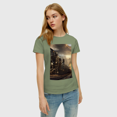 Женская футболка хлопок с принтом Стимпанк железная дорога, фото на моделе #1