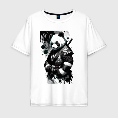 Мужская футболка из хлопка оверсайз с принтом Panda samurai — sketch, вид спереди №1