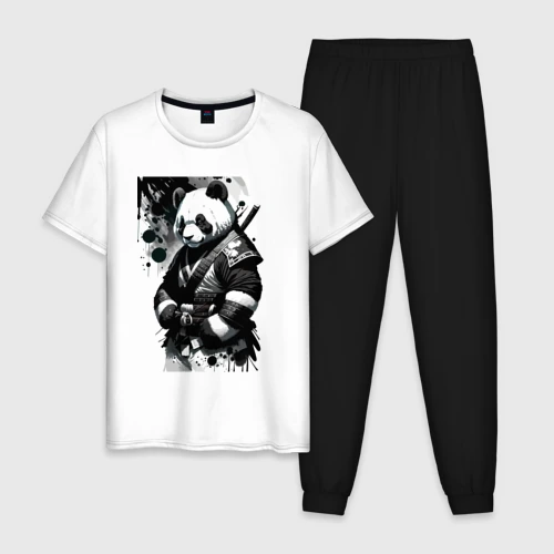 Мужская пижама с белой футболкой хлопок Panda samurai - sketch