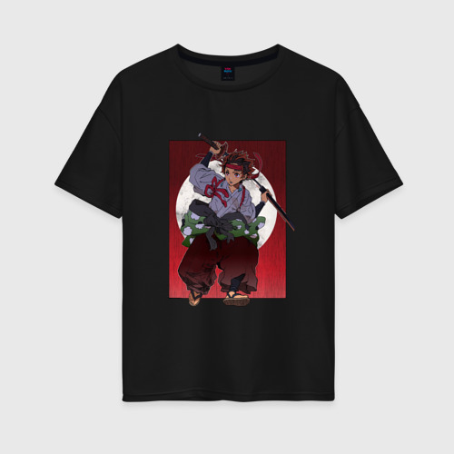 Женская футболка хлопок Oversize с принтом Танжиро с мечом - Клинок рассекающий демонов, вид спереди #2