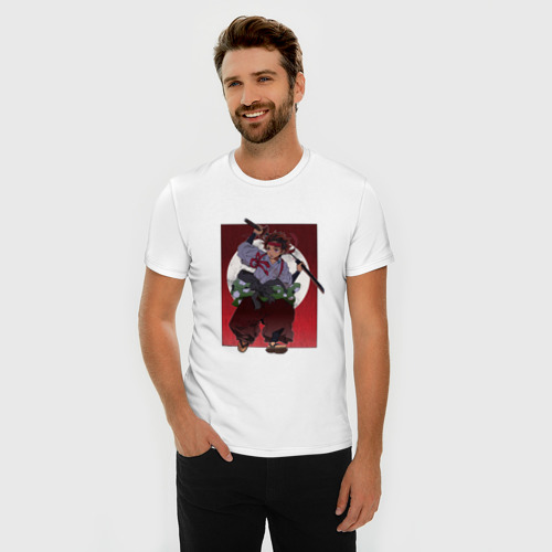 Мужская футболка хлопок Slim с принтом Танжиро с мечом - Клинок рассекающий демонов, фото на моделе #1
