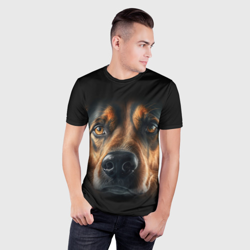 Мужская футболка 3D Slim с принтом Морда пса крупно, фото на моделе #1