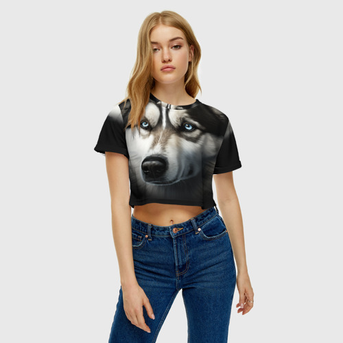 Женская футболка Crop-top 3D Хаски морда крупно, цвет 3D печать - фото 3