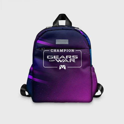 Детский рюкзак 3D с принтом Gears of War gaming champion: рамка с лого и джойстиком на неоновом фоне, вид спереди #2