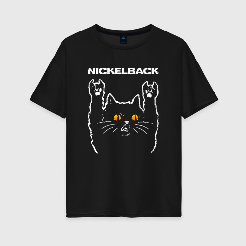 Женская футболка хлопок Oversize Nickelback rock cat, цвет черный