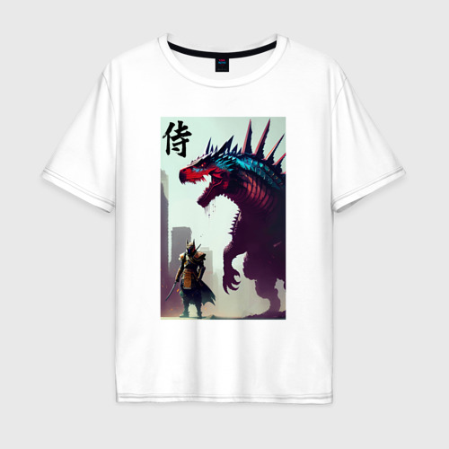Мужская футболка из хлопка оверсайз с принтом Самурай против тираннозавра - нейросеть, вид спереди №1