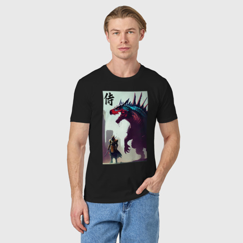Мужская футболка хлопок с принтом Самурай против тираннозавра - нейросеть, фото на моделе #1